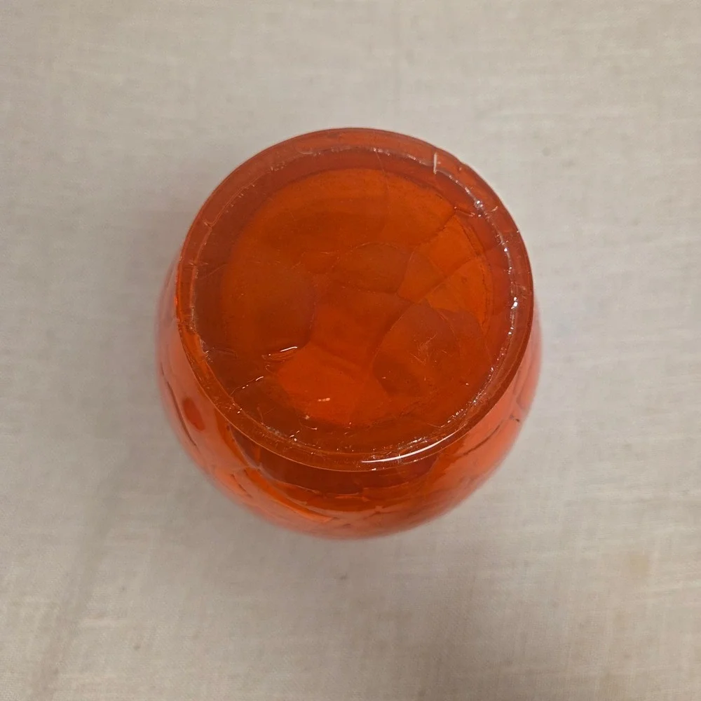 Vintage Orange Crackle Glass Vase Ruffled Rim Mid Century Modern Art Glass